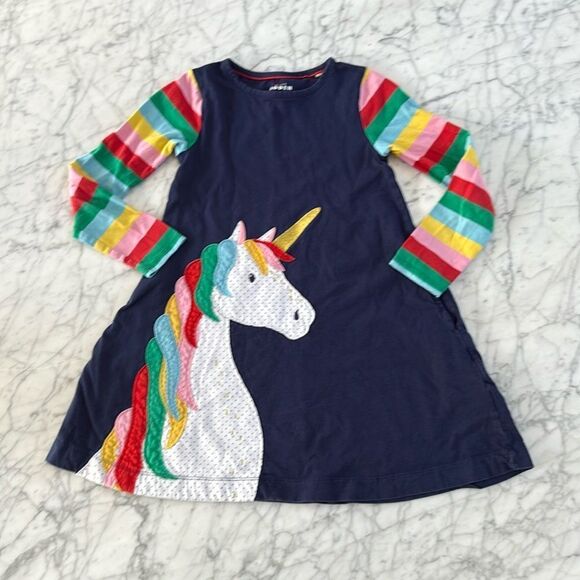 Mini Boden Rainbow Unicorn Applique Dress Girls 7/8 Pockets Long Sleeve Navy - Picture 1 of 5